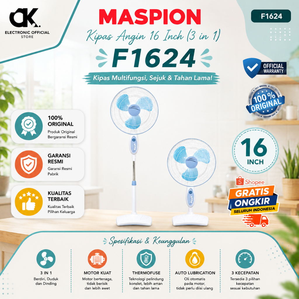 MASPION KIPAS ANGIN  F1624 16 Inch (3 in 1) STAND FAN MASPION/F1624/F-1624/F 1624 S/ORIGINAL/GARANSI