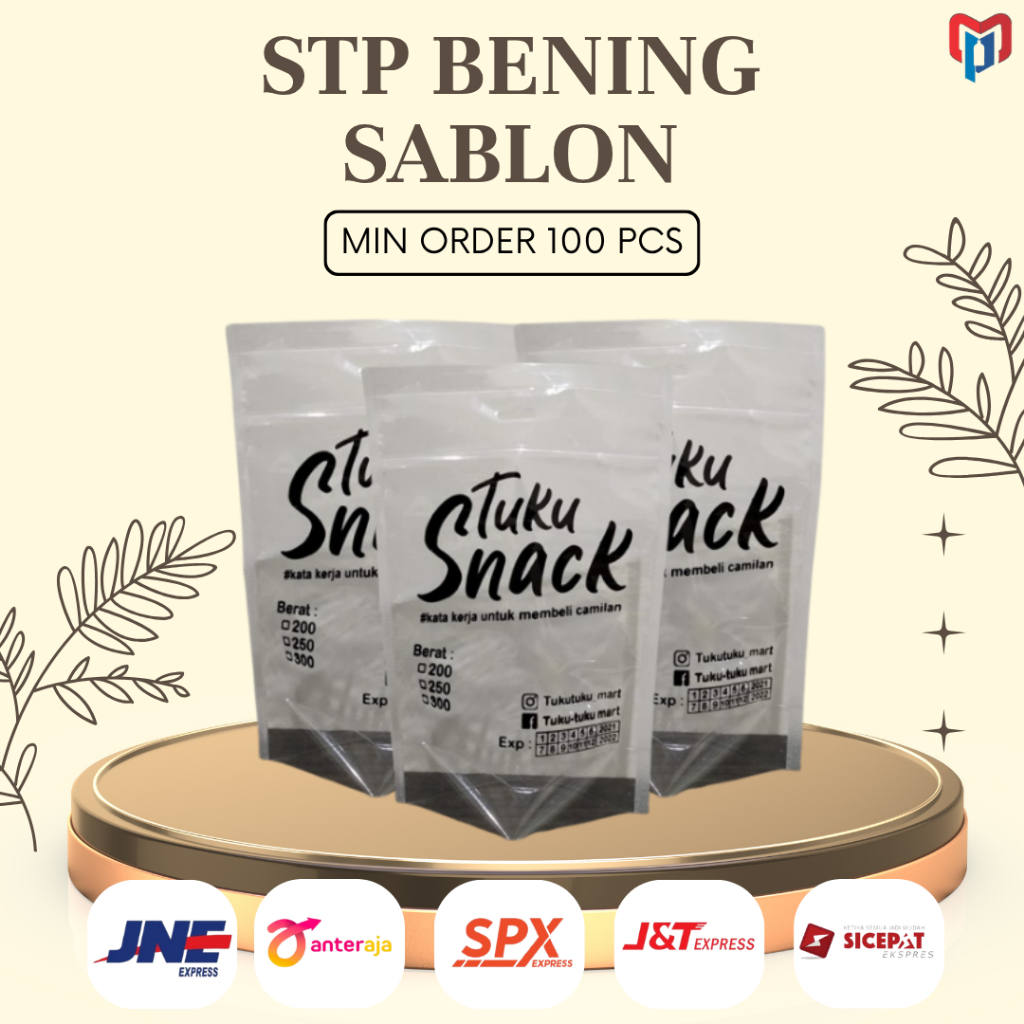 PAKET KEMASAN STANDING POUCH PLASTIK + SABLON MERK CUSTOM DESAIN / 100 PCS