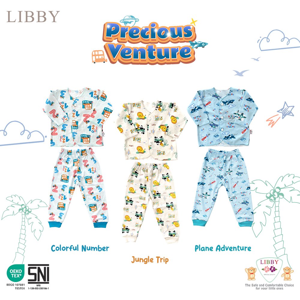 LIBBY Setelan Piyama Anak Laki Laki Perempuan Baju Kancing Panjang Newborn Bayi Motif Unisex (1 stel