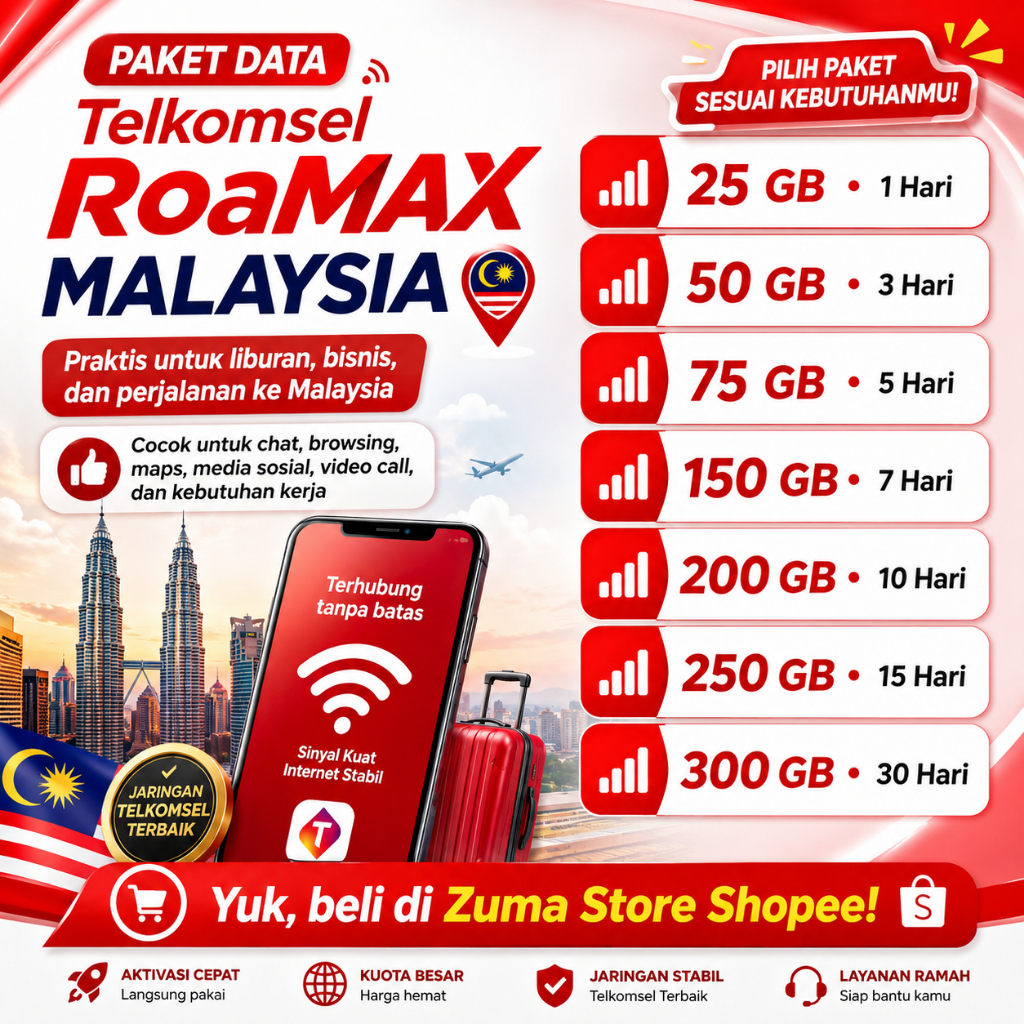 PAKET DATA INTERNET ROAMING TELKOMSEL ROAMAX KHUSUS MALAYSIA FULL KUOTA