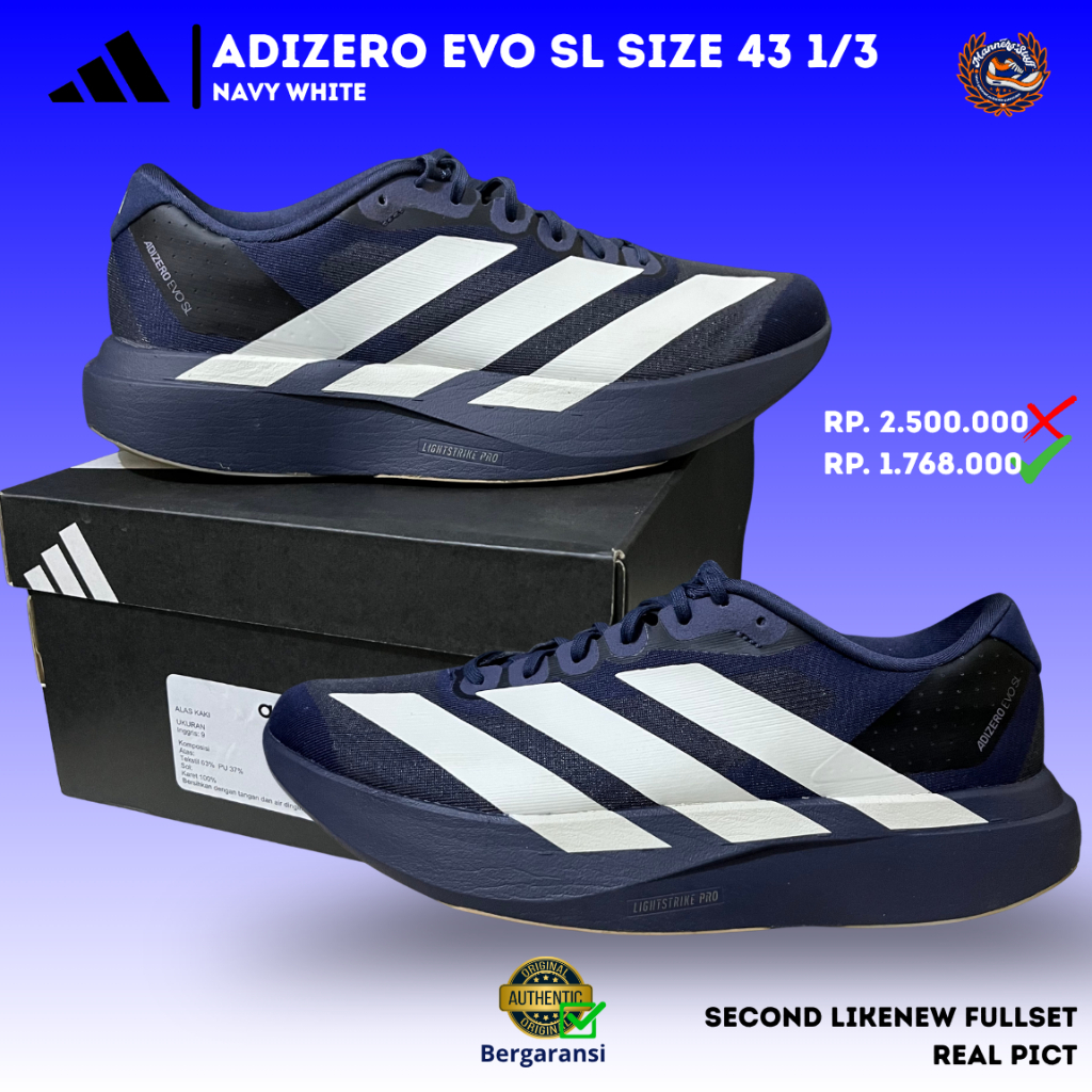 Sepatu Adidas Adizero EVO SL Navy Size 43 1/3 Second Likenew Sneakers Running New Original
