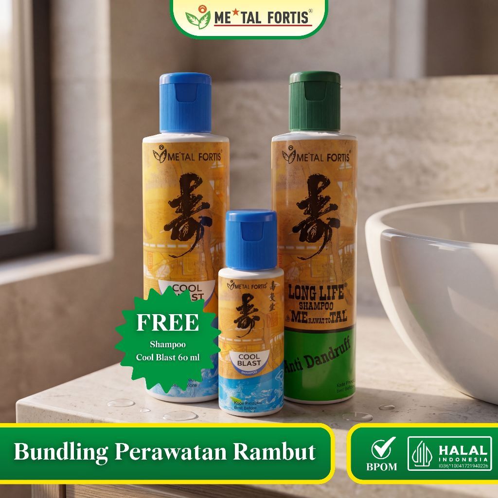 METAL FORTIS Bundling Perawatan Rambut Shampoo Cool Blast 200 ML, Anti Ketombe 200 ML, Cool Blast 60