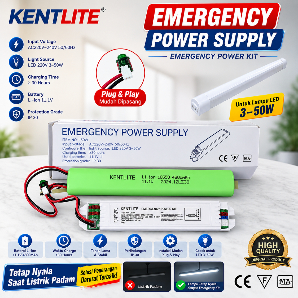 KENTLITE Emergency Power Supply Kit untuk Lampu LED 3-50W Input AC220V-240V Li-ion 11.1V IP30