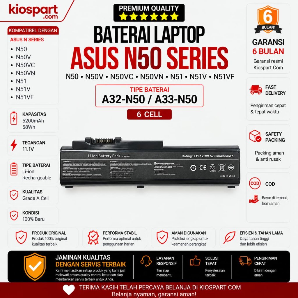Baterai Laptop ASUS N50 N50V N50VC N50VN N51 N51V N51VF A32-N50 A33-N50 6 Cell Garansi 6 Bulan - Kio