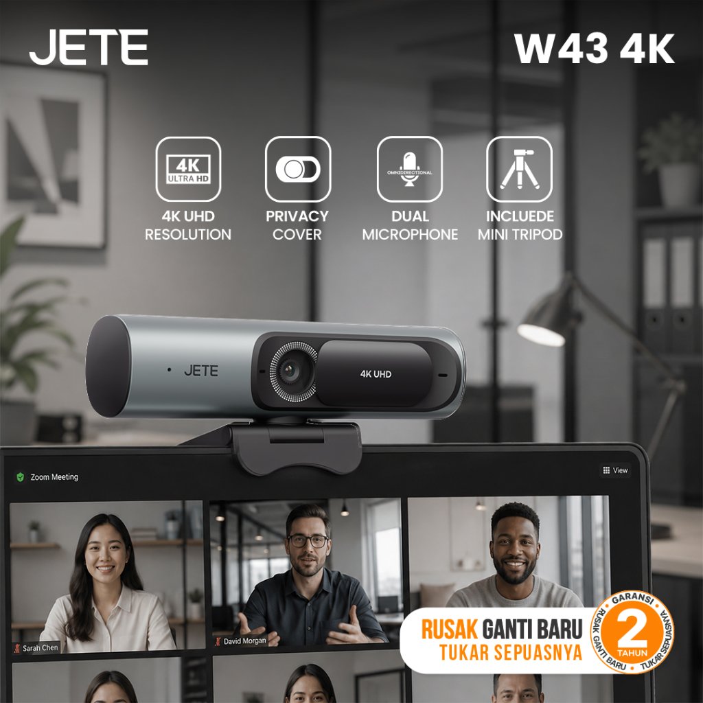 Webcam 4K UHD JETE W43 Kamera Laptop PC dengan Sony CMOS Sensor Dual Microphone Privacy Cover Includ
