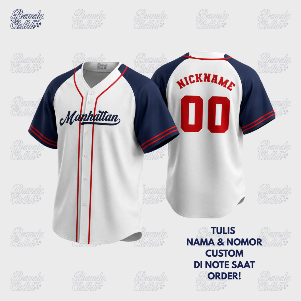 Kaos Dewasa Jersey Baseball MANHATTAN Custom Nama Full Bordir