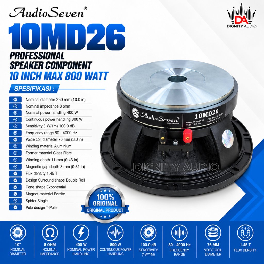 AUDIO SEVEN 10MD26 MK II Komponen Speaker 10 Inch Voice Coil 3 Inch Original Max 700 Watt