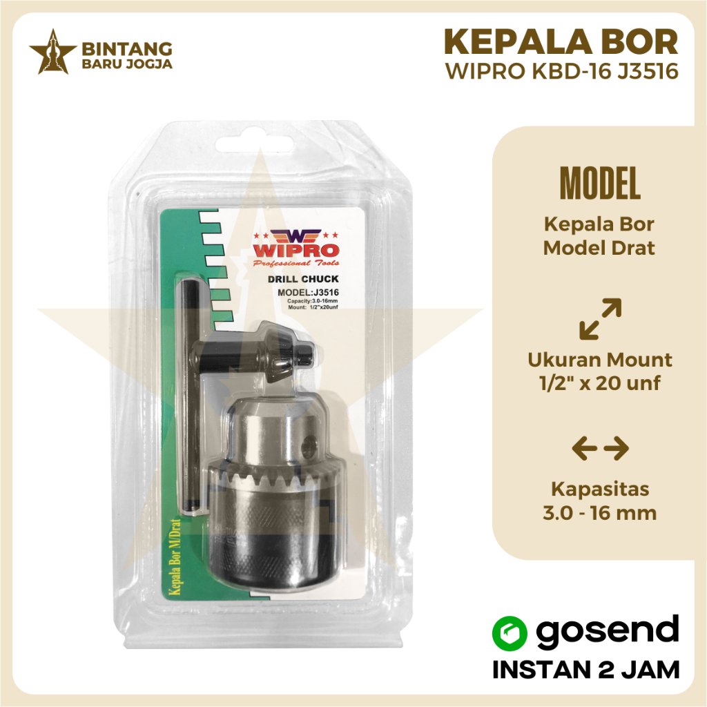 Wipro KBD-16 Kepala Bor 16mm Drat Dril Chuck Bor Drat 3-16 mm
