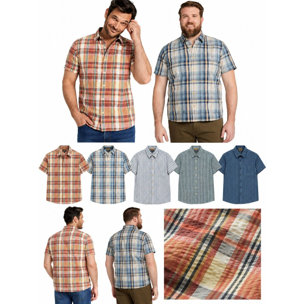 Kemeja Pria Lengan Pendek LL.Bean Men's Signature Seersucker Madras Shirt - 3228