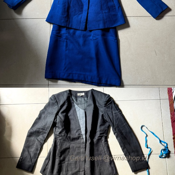 PL Seragam Teller bank Setelan wanita blazer lengan panjang dan rok mini warna biru tua