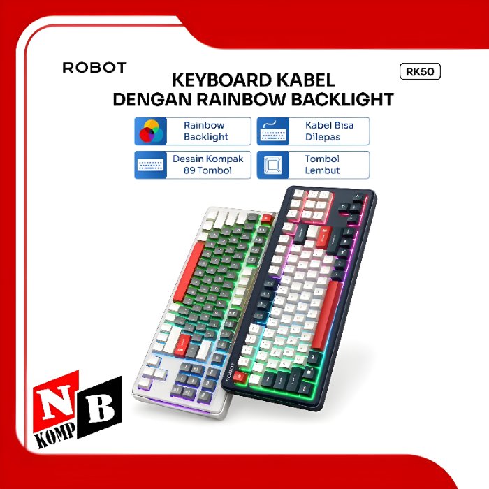 ROBOT RK50 Keyboard Kabel Type-C 89 Tombol Rainbow Backlight Silent PBT Ergonomis