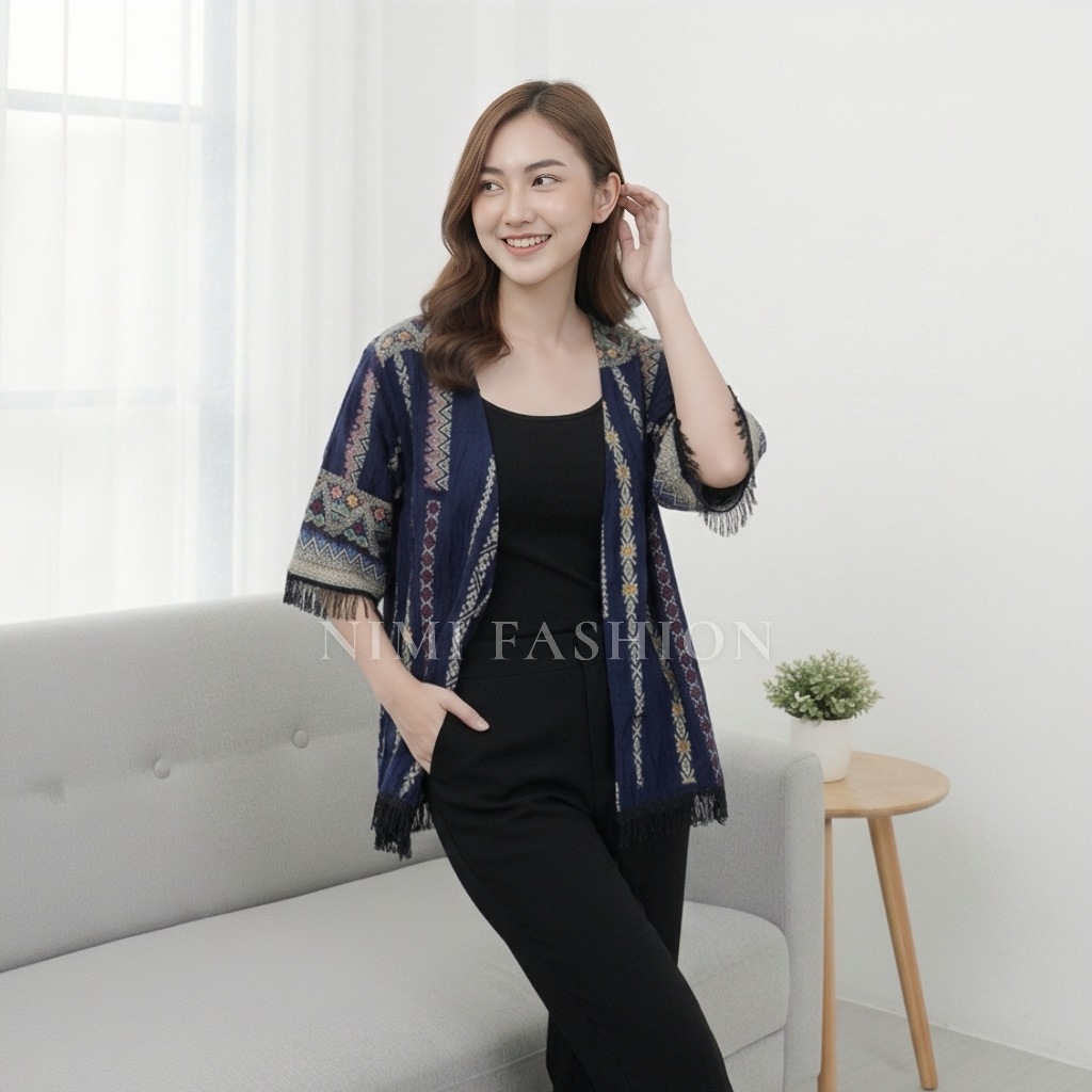 NIMI - Cardigan Wanita Outer Motif Etnik Bohemian Lengan 3/4 Rumbai