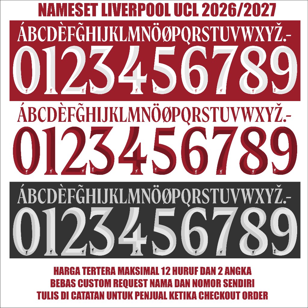 NAMESET LIVERPOOL 2026/2027 Printing (Harga Tertera Maksimal 16 Huruf dan 2 Angka)