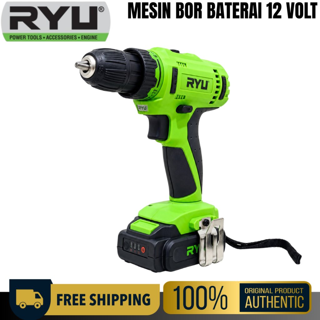 RYU Mesin Bor Baterai 12 Volt 10mm Cordless Drill Bor Cas Tanpa Kabel 2 Batre Untuk Kayu Besi Tembok