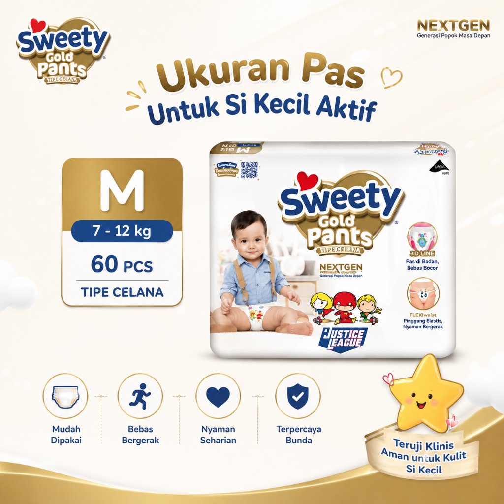 Sweety Gold Pants M 60 Pcs | Popok Bayi Celana Ukuran M 7-12 Kg | Popok Pants Bayi Nyaman