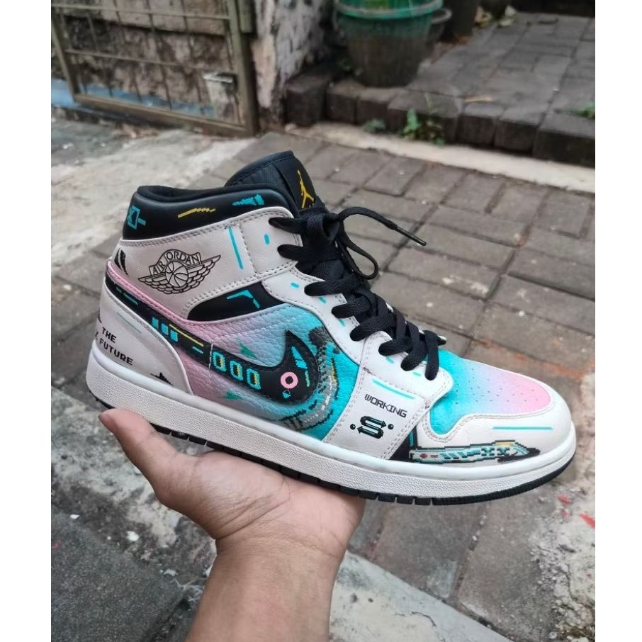 sepatu AJ 1 Mid Cyberpunk pixel catton candy
