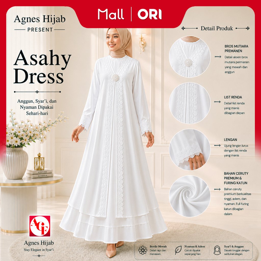 Agnes Hijab | Asahy Dress Gamis Abaya Terbaru 2026 Baju Putih Muslim Wanita Simplen Elegan 835