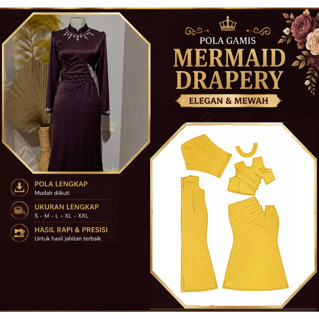 Pola Gamis Mermaid Drapery Wanita | Pola Jahit Gamis Elegan Model Draperi