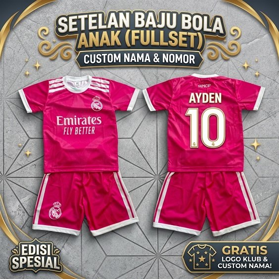 COD BISA NAME SET JERSEY BAJU BOLA ANAK REALMADRID HOME KIDS PRINTING USIA 6-15THN AURI SPORT LOGO B