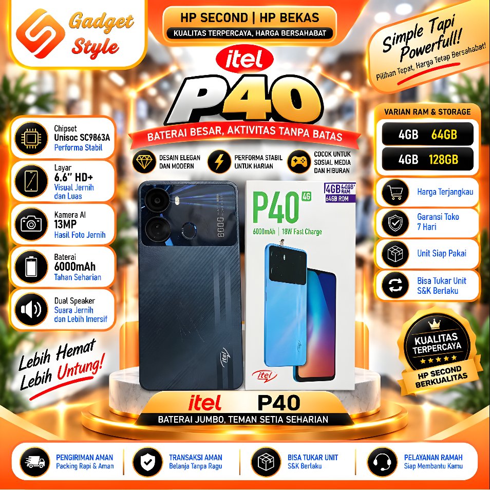 iTel P40 Ram 4/64GB | Ram 4/128GB Second Resmi Gadget Style Store