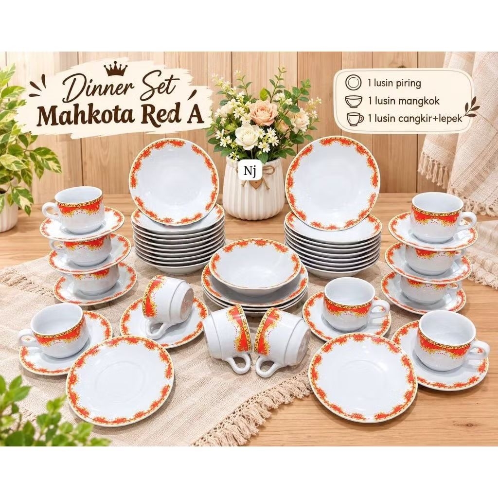 Dinner Set Mahkota Red Lengkap sudah free packing kayu