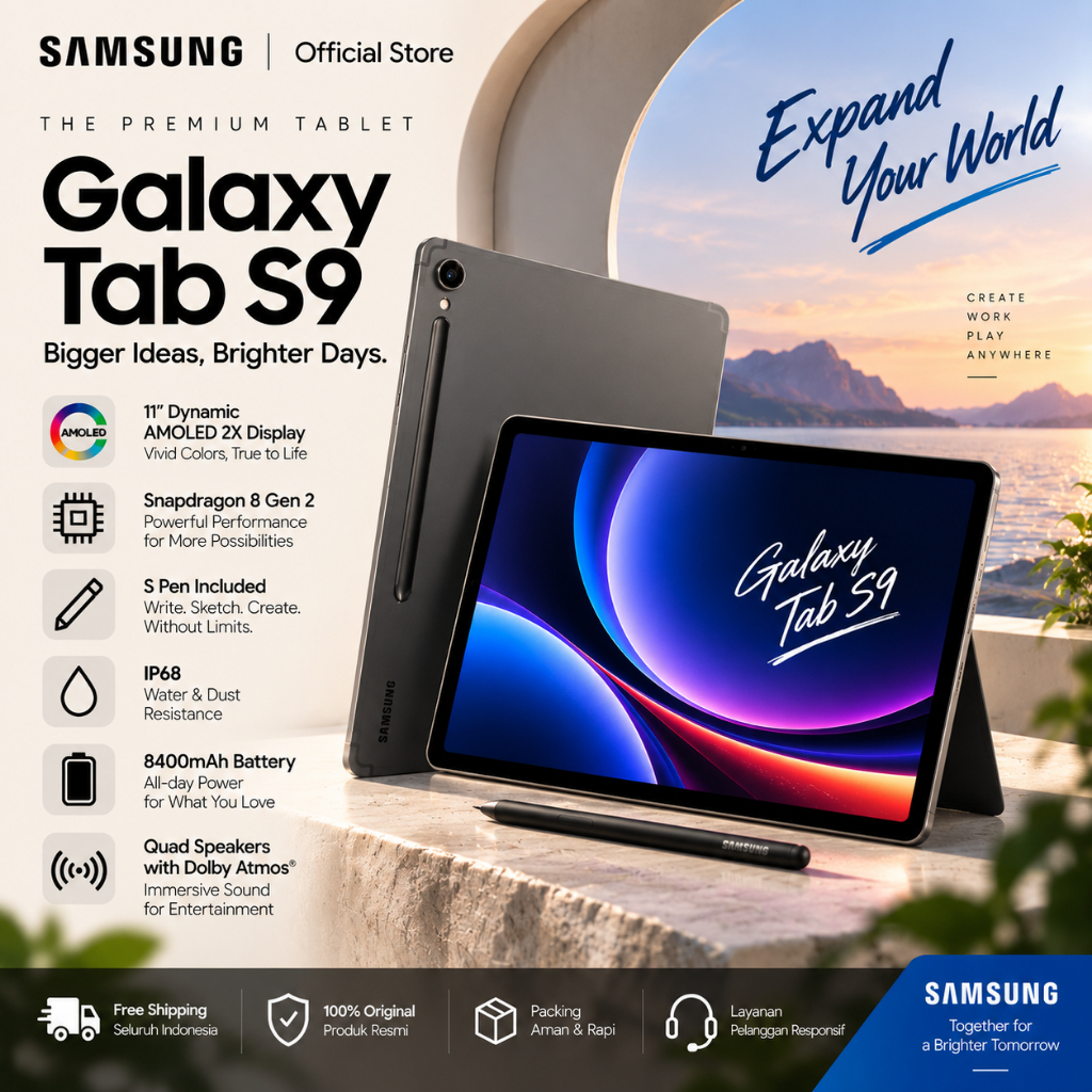 Samsung Galaxy Tab S9 Tablet | Layar Besar AMOLED 11” | Snapdragon | Keyboard + S Pen | 15000mAh Bat