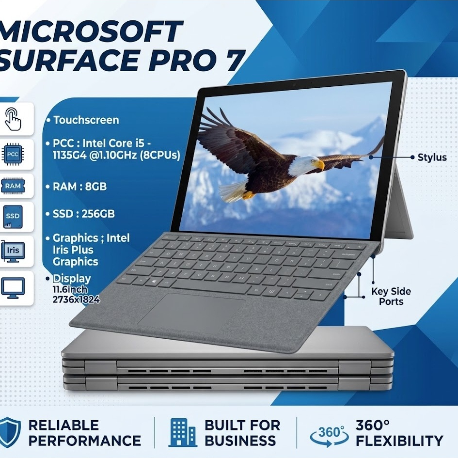 Microsoft Surface Pro 7  •Touchscreen •PCC : Intel Core i5 - 1135G4 @1.10GHz (8CPUs) •RAM : 8GB •SSD