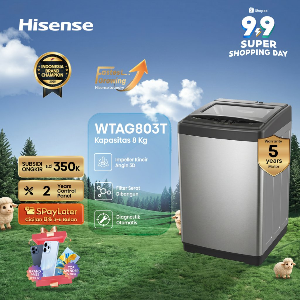 Hisense-Mesin Cuci 1 Tabung Top Loading 8KG-WTAG803T-3D Windmill Impeller-Solid Glass Door-Tub Clean