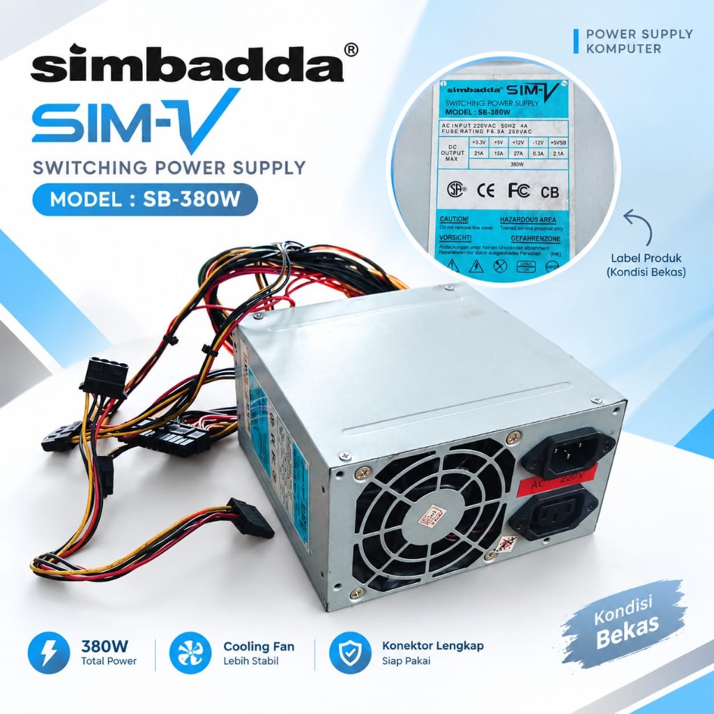 Power Supply Simbadda SIM-V SB-380W Switching PSU Komputer Bekas Copotan