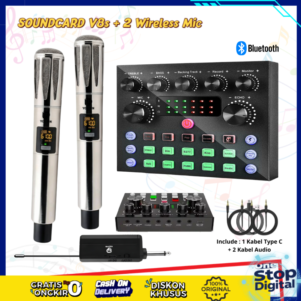 Paket Mic Wireless Karaoke 2 Mic + Soundcard V8S Mixer Streaming Bluetooth Sound Effects Mixer Board