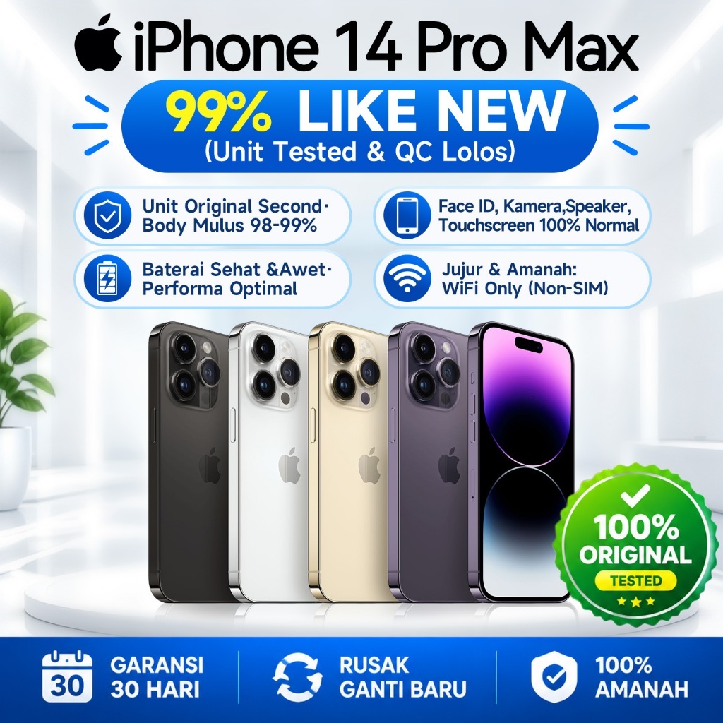 iPhone 14 Pro 128GB 256GB WiFi ONLY 6.1Inches Bekas Second Original Mulus Fullset Hp Cocok Gaming & 