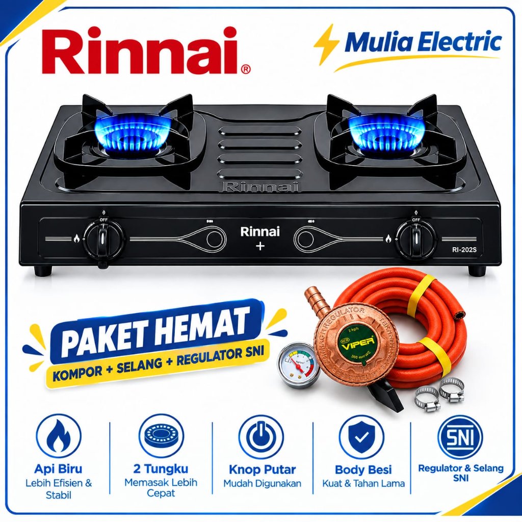 Kompor Gas 2 Tungku RINNAI RI 202S FREE(+) SELANG PAKET REGULATOR GAS SNI