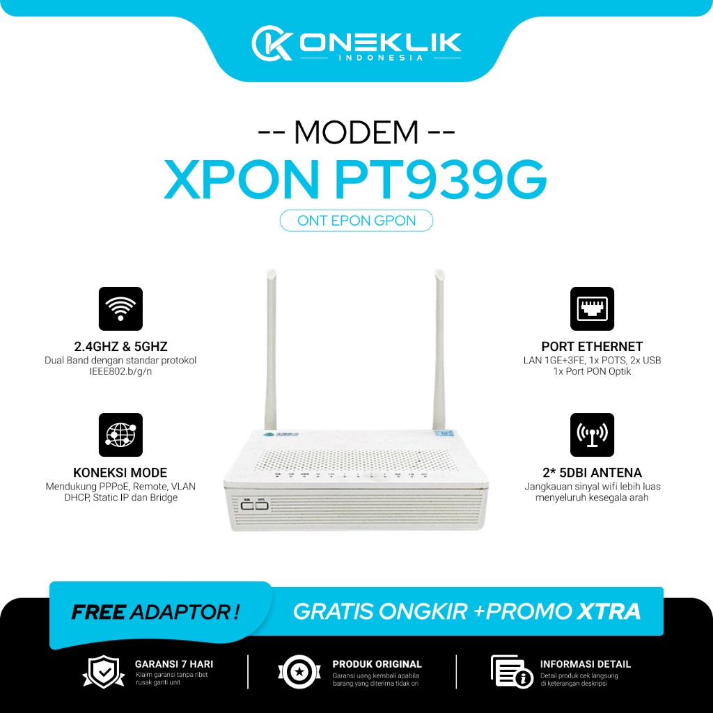 Modem PT939G Ont Xpon Bisa Gpon Epon Gigabit Dual-Band 2.4GHz & 5GHz Bekas Original Bonus Adaptor
