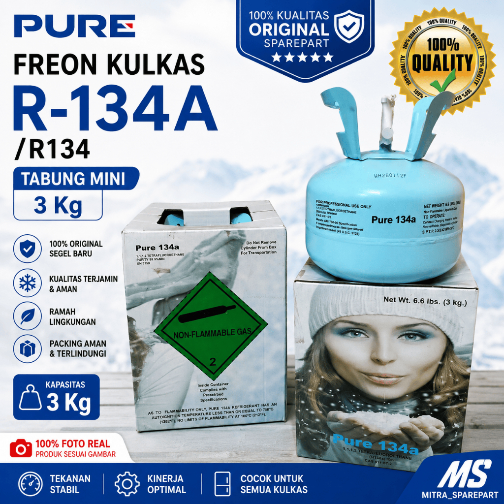 FREON KULKAS R134 R-134A 3KG PURE TABUNG MINI ORIGINAL SEGEL BARU //[STOK READY, PILIH TYPE] / INV12