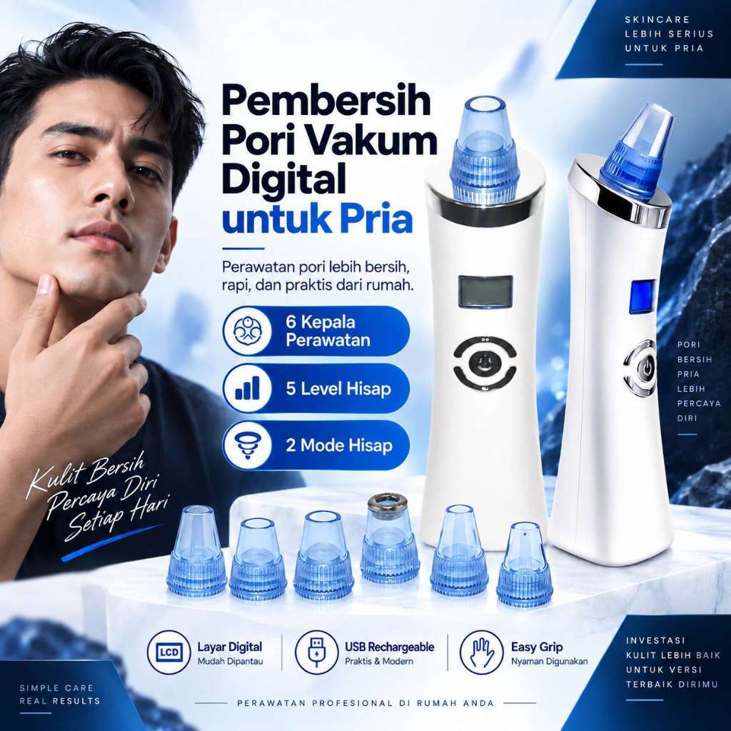 Pembersih Pori Vakum Digital Pria Alat Pengangkat Komedo Elektrik dengan 6 Kepala Perawatan 5 Level 