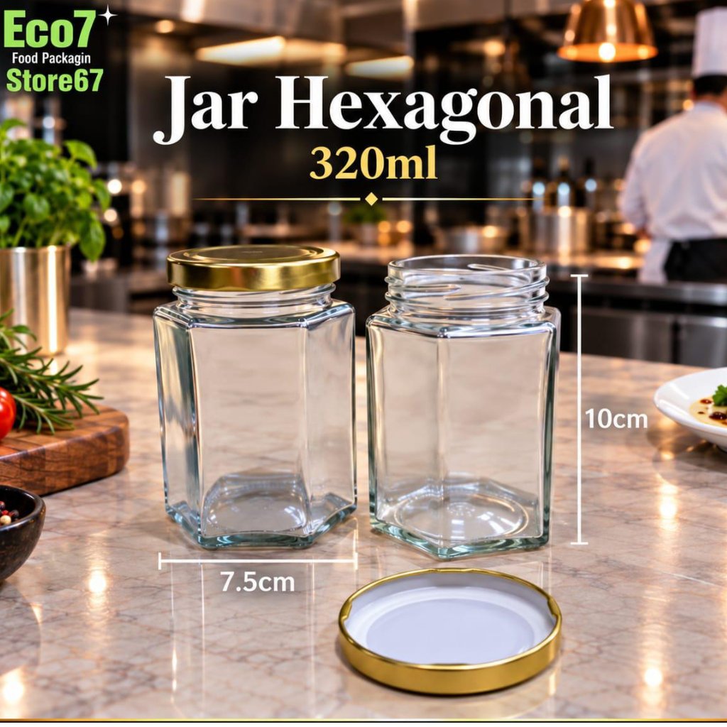 Jar Beling Jar Kaca 320ml Hexagonal Tutup Emas - Anti Bocor, Kedap Udara, Desain Elegan 1pcs