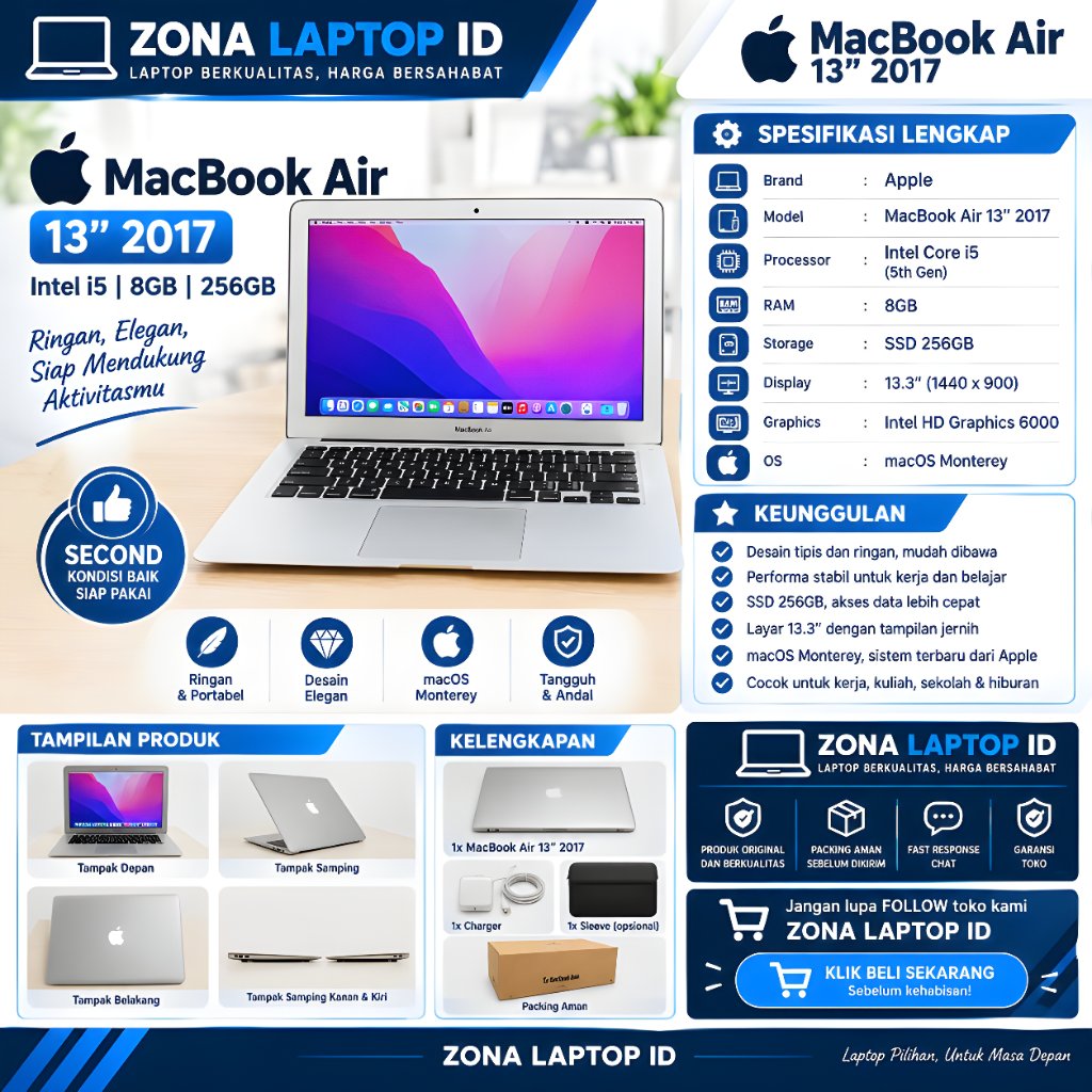 MACBOOK AIR 13 2017 i5 8GB 256GB SSD SILVER SECOND | LAPTOP APPLE