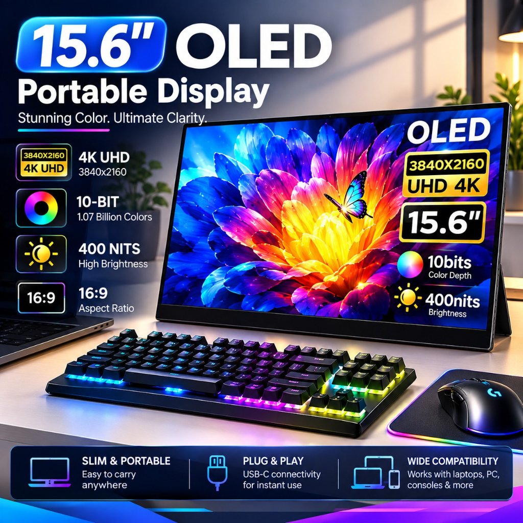 Monitor portable OLED 15.6 inch 3840x2160 4K Touch screen with Type-C