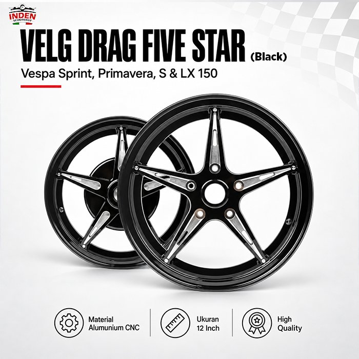 DOGZMA Velg Vespa Drag Five Star Black SET VELG DEPAN BELAKANG CNC PNP Sprint Primavera S LX 150 Rin