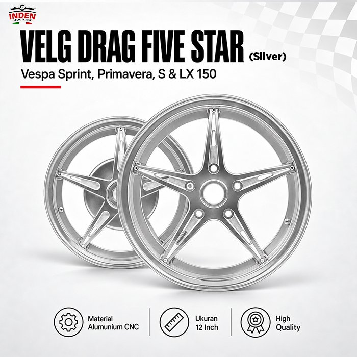 DOGZMA Velg Vespa Drag Five Star SILVER SET VELG DEPAN BELAKANG CNC PNP Sprint Primavera S LX 150 Ri