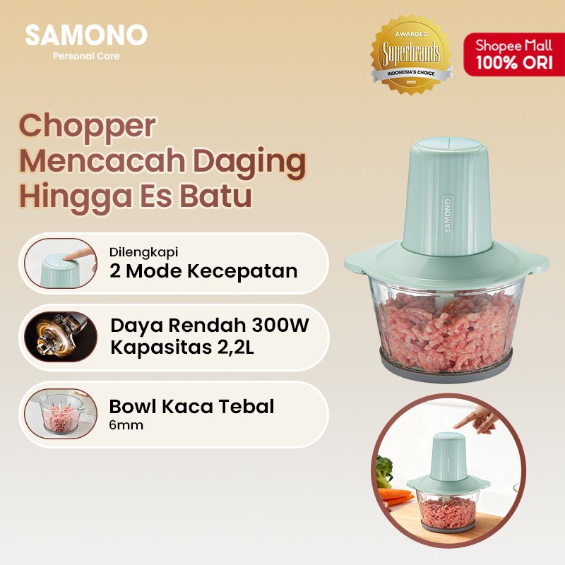 SAMONO Food Chopper 2.2L Kaca 2 Speeds Penghalus, Penggiling Bumbu Daging, Mangkuk Kaca 2.2L Tebal 6mm, Pisau Spiral 4 Bilah SUS420 Food Grade SW-069