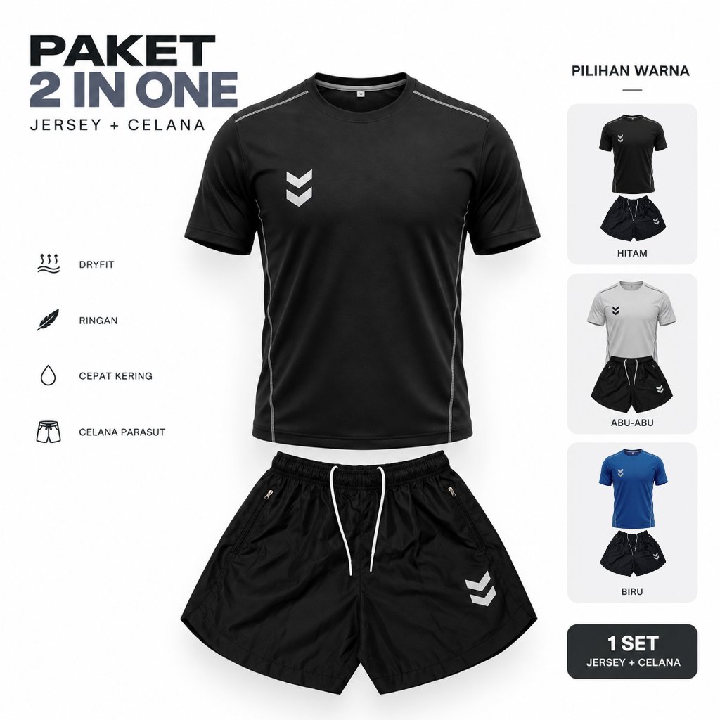 Paket Stelan Jersey Baju Olahraga Lari Futsal Voli Celana Parasut Pria Wanita