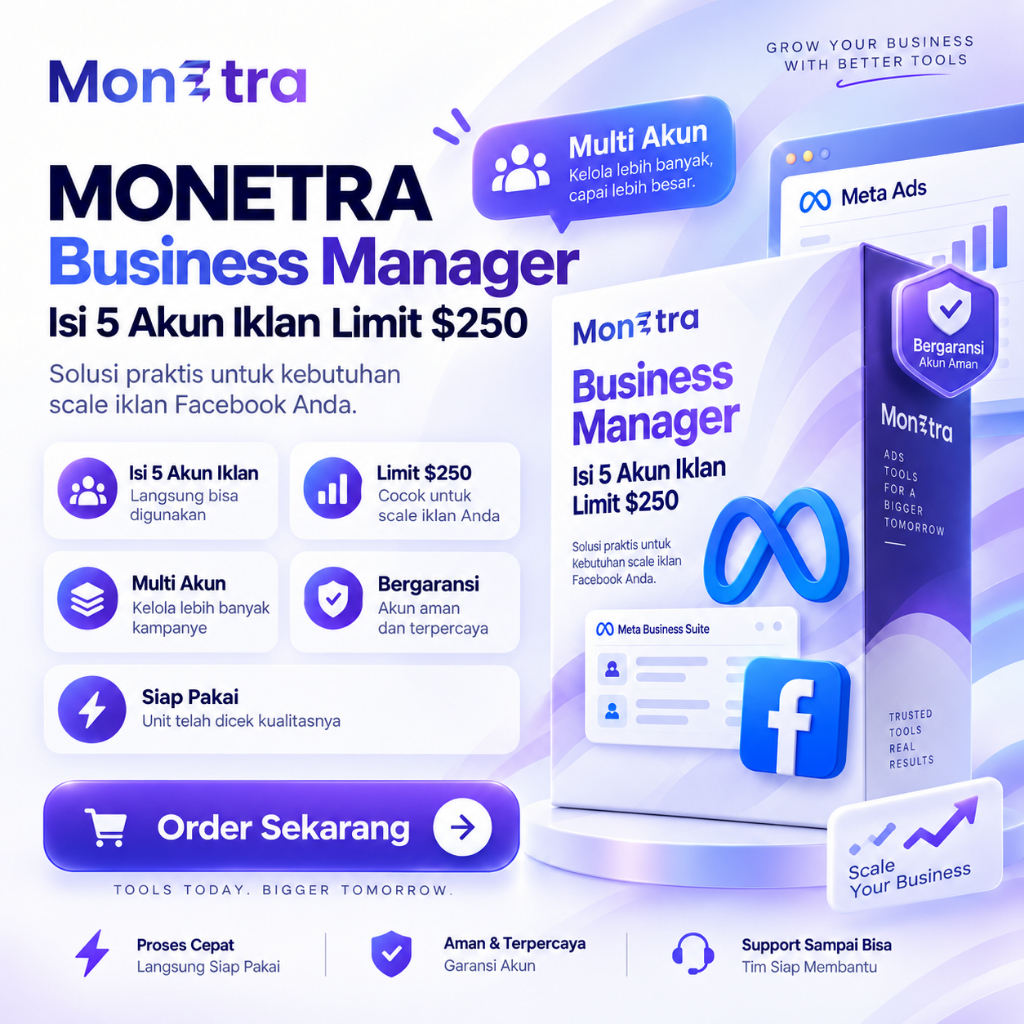 Monetra BM 5 Facebook Isi 5 Akun Iklan Limit $250 | Whitelist BM ISI 5 Akun iklan Limit harian 250$ 