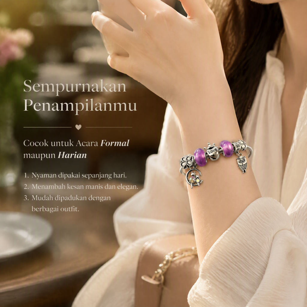 Gelang PANDORA Asli Motif Burung Hantu Wanita Korea Premium Anti Karat Desain Elegan