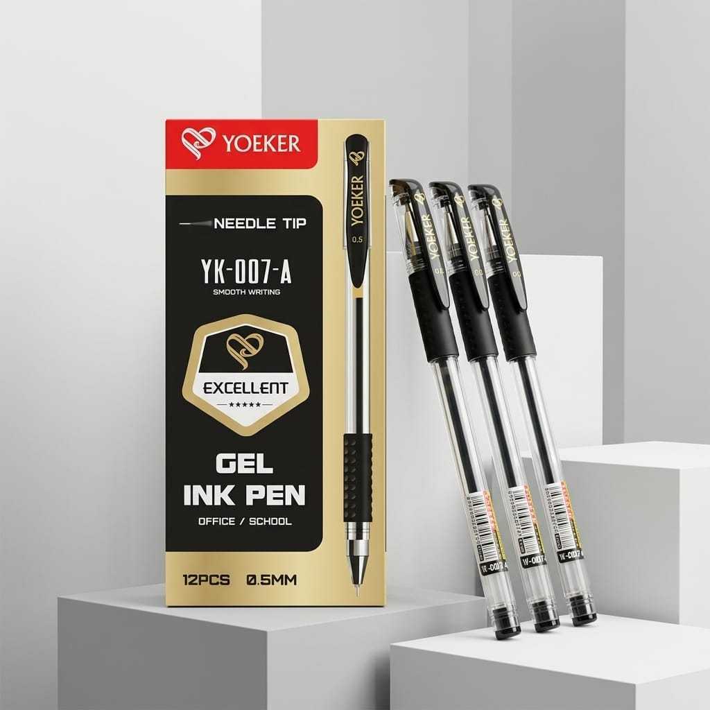 1 PAK (12 Pcs) Pulpen Gel YOEKER  HITAM YK-007-A   0.5mm