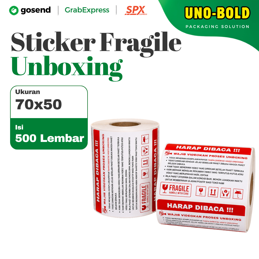 UNOBOLD Stiker Fragile Wajib Video Unboxing 70x50mm Label Paket Jangan Dibanting Sticker Packing