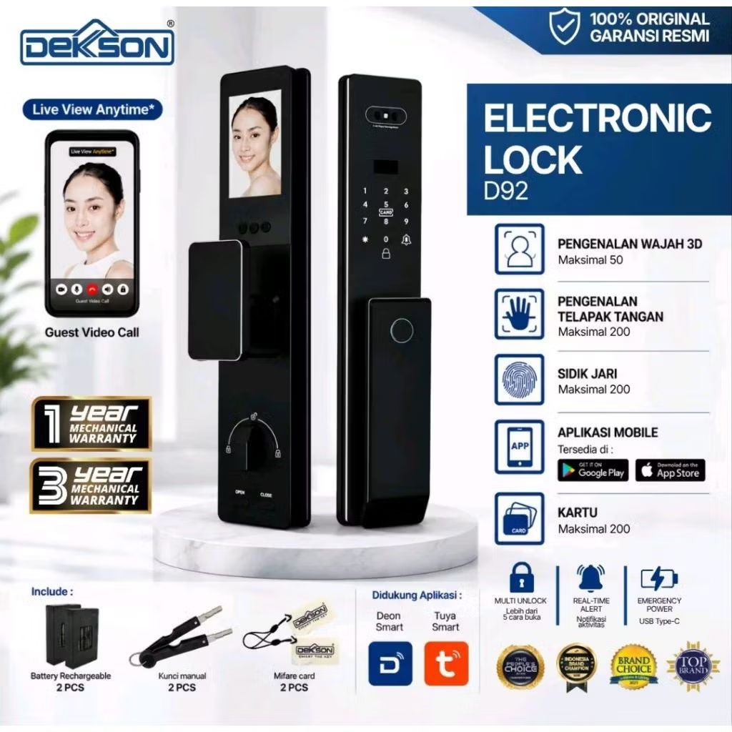 Smart Lock DEKKSON Electronic Lock Kunci Digital D92/ Digital Lock Dekson / Face Recognation