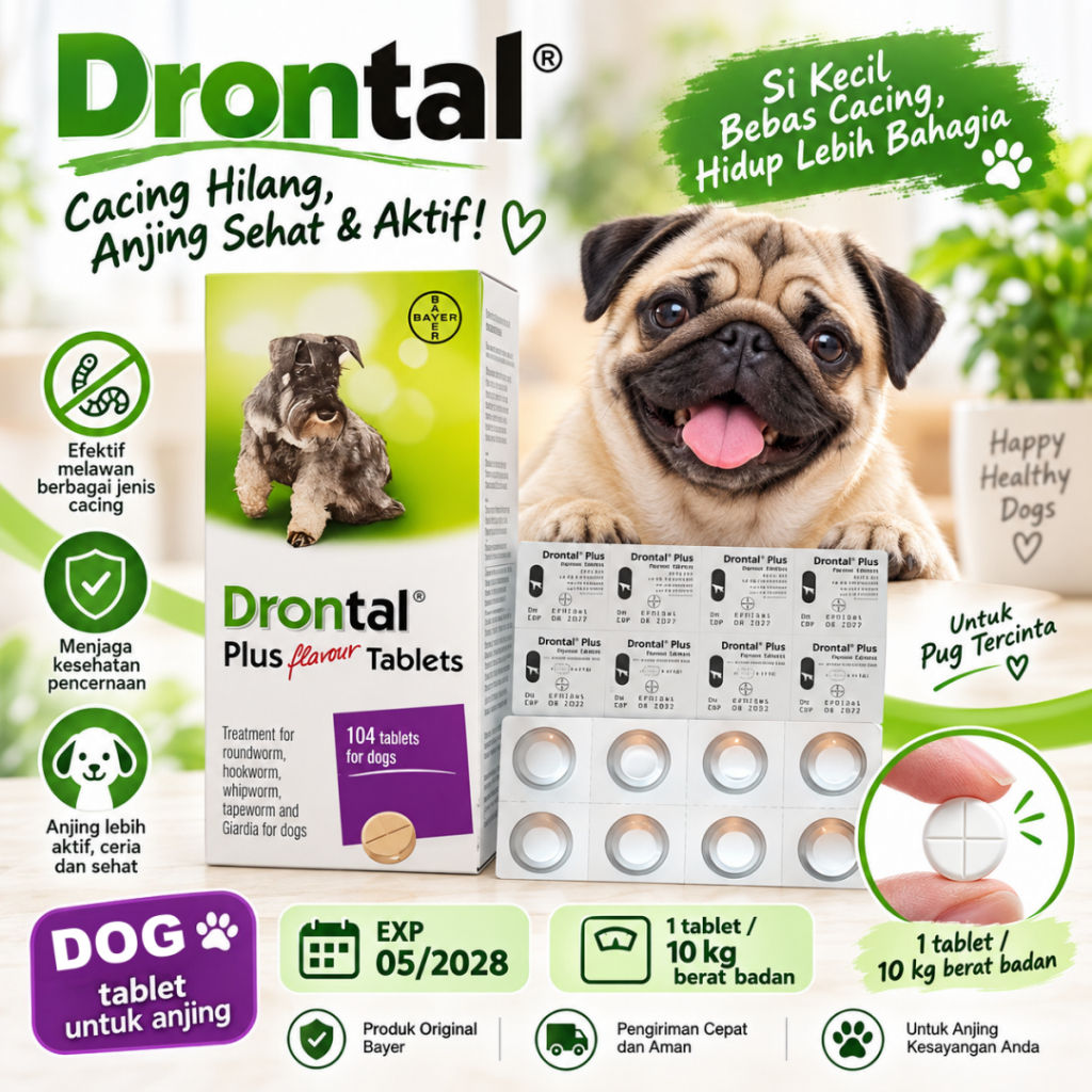 Drontal Plus Dog Tablet Original EXP05/2028 Obat Cacing Anjing Pug Anak Anjing & Dewasa