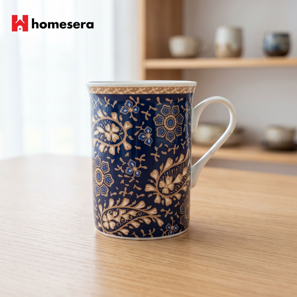 MUG KERAMIK MOTIF BATIK KAPASITAS 300ml | MUG GELAS KERAMIK BONECHINA