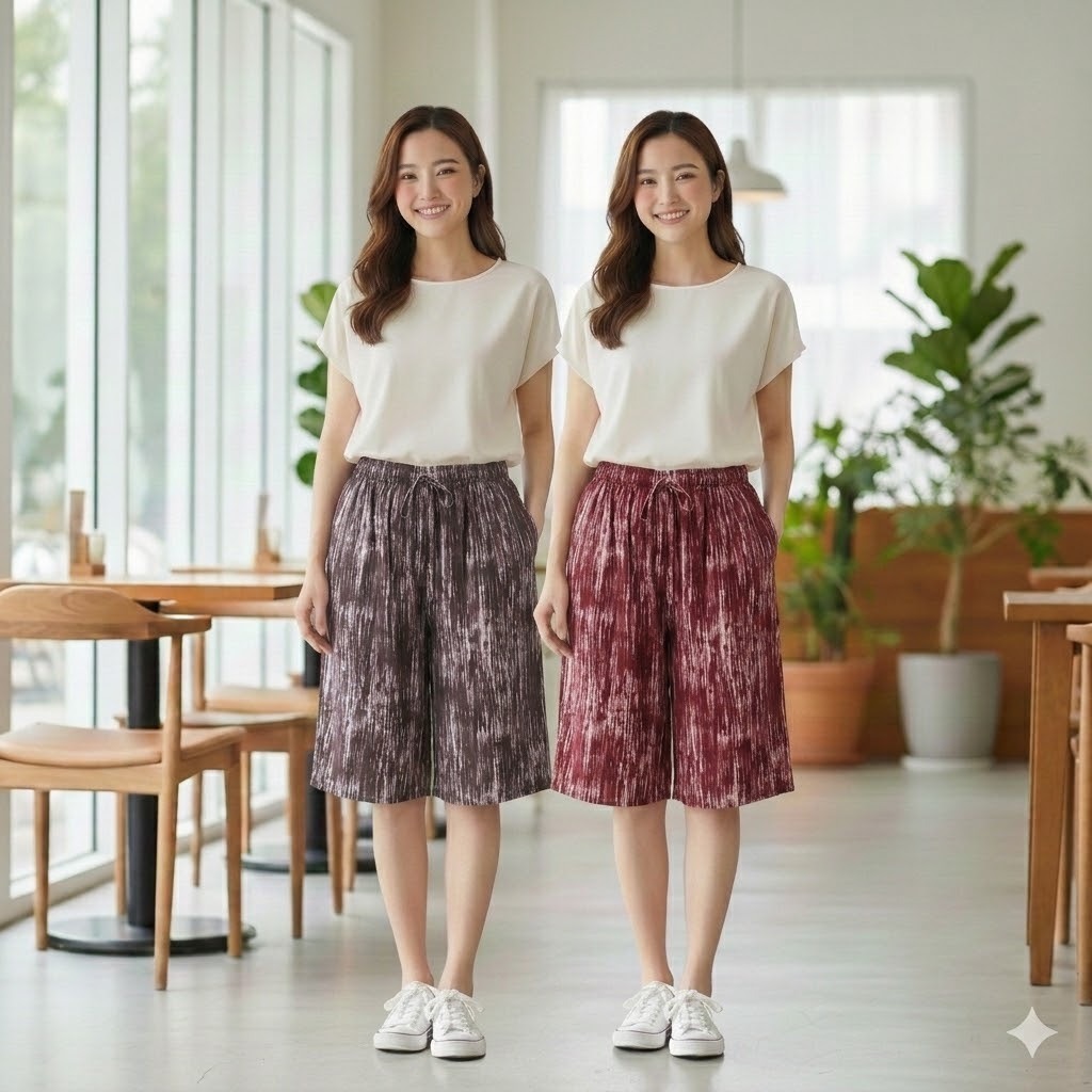 Celana Pendek Wanita Selutut Kulot Harian Motif Brush